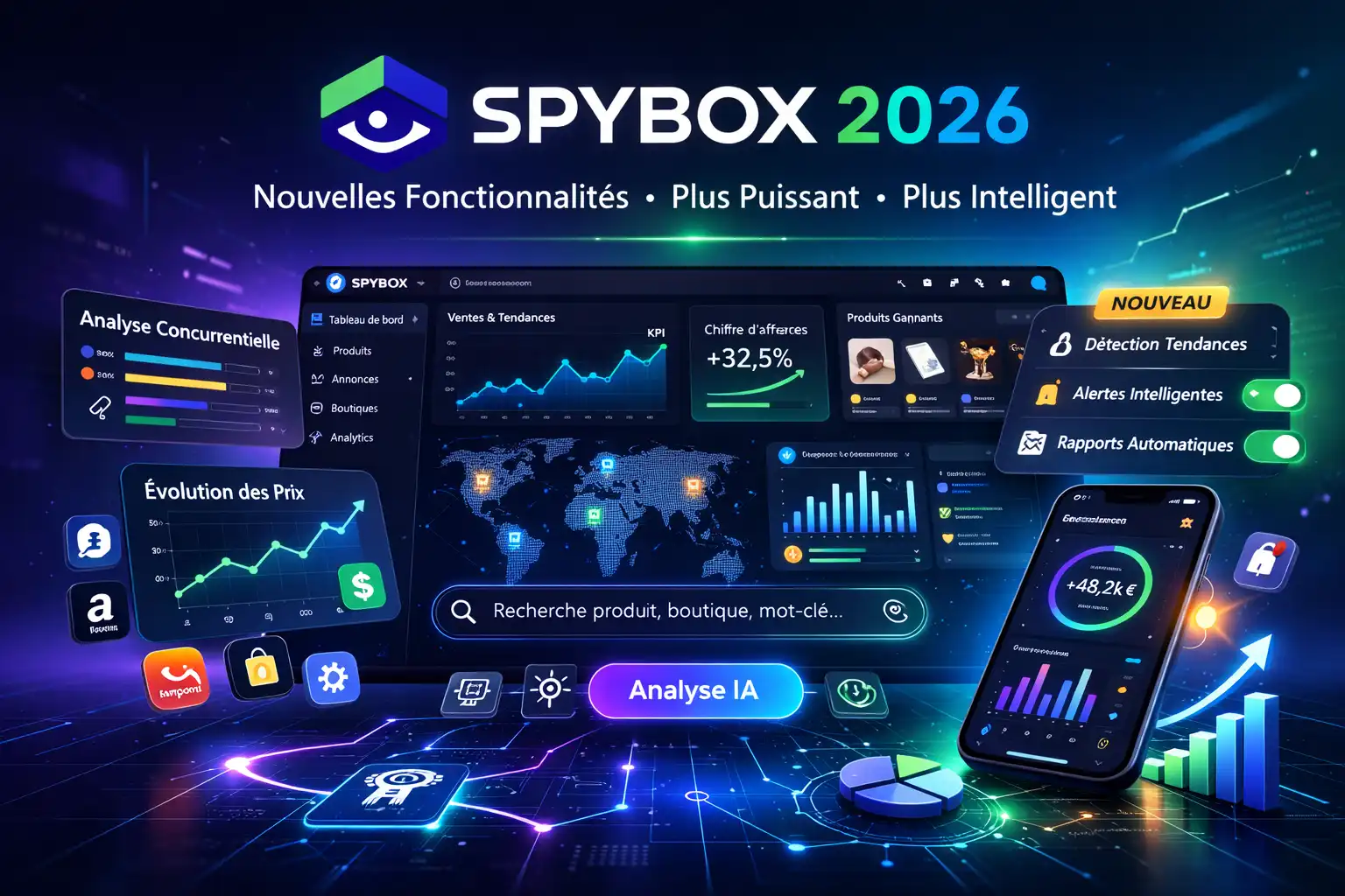 Illustration d’une interface Spybox 2026 montrant un tableau de bord avec tendances, alertes et automatisations.